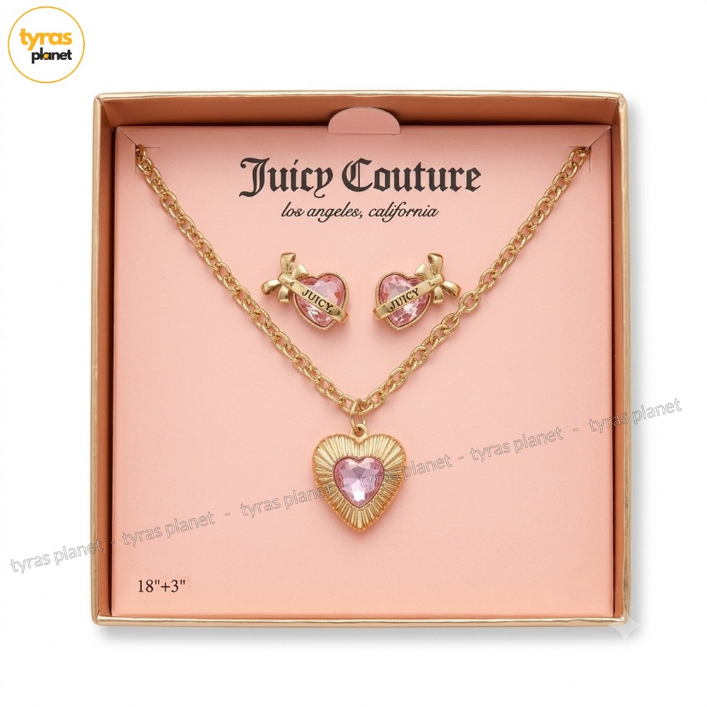 Juicy Couture Pink Gold Heart Crystal Charm Locket Necklace & Earrings Set NIB